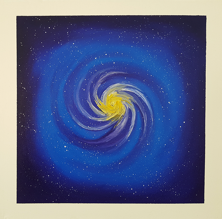 Abstract oil painting titled ‘Swirl’ by Jens Strandell, depicting a cosmic blue spiral galaxy with bright yellow center, surrounded by countless white stars on a 40x40 cm canvas. 2021.