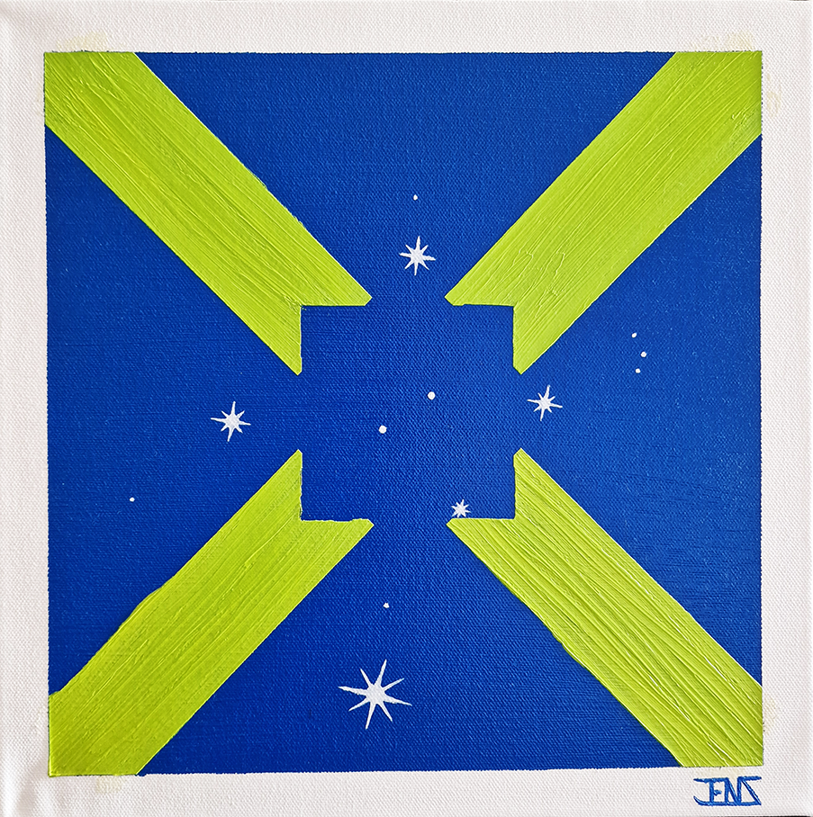 Abstract oil painting titled ‘Target’ by Jens Strandell, featuring intersecting lime green diagonal beams against a deep blue background, accented with white star-like dots. 30x30 cm, 2021.