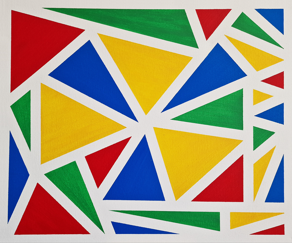 Abstract oil painting titled ‘Torqueo’ by Jens Strandell, featuring colorful triangles in red, green, blue, and yellow, separated by crisp white lines on a 55x46 cm canvas. 2021.