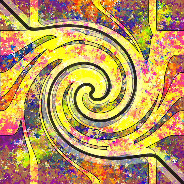 A vibrant digital artwork titled "Twirl" (2022), featuring a bright yellow spiral at the center, surrounded by swirling lines and colorful star-like textures in shades of orange, pink, purple, and yellow.