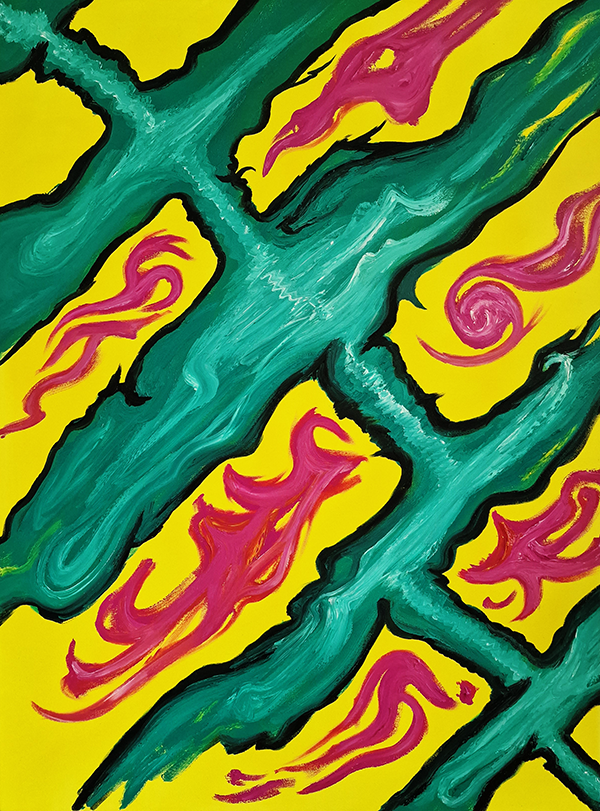 Abstract oil painting by Jens Strandell featuring bold green swirling lines intersecting with vibrant yellow blocks, adorned with dynamic pink flame-like patterns, symbolizing energy and movement.