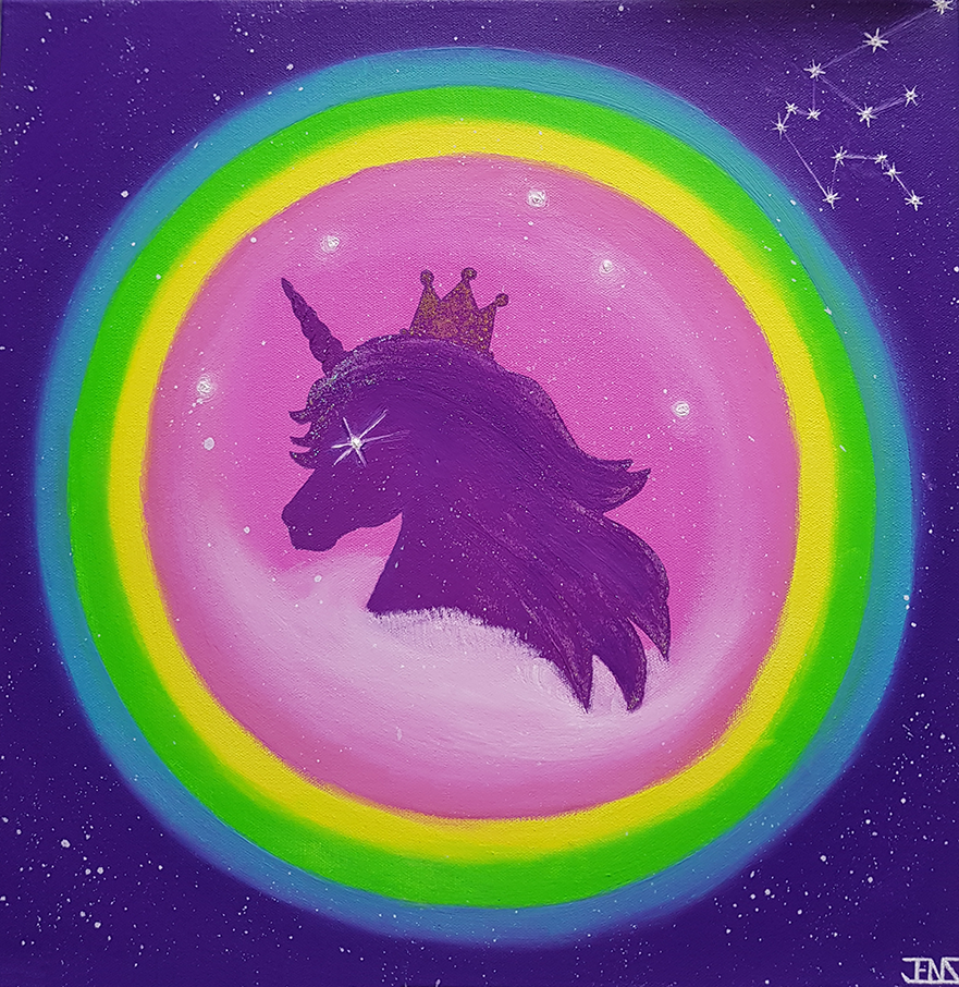 Original oil painting titled ‘Unicorn’ by Jens Strandell, featuring a majestic purple unicorn silhouette wearing a crown, surrounded by a glowing rainbow aura against a starry night sky. 40x40 cm, 2021.