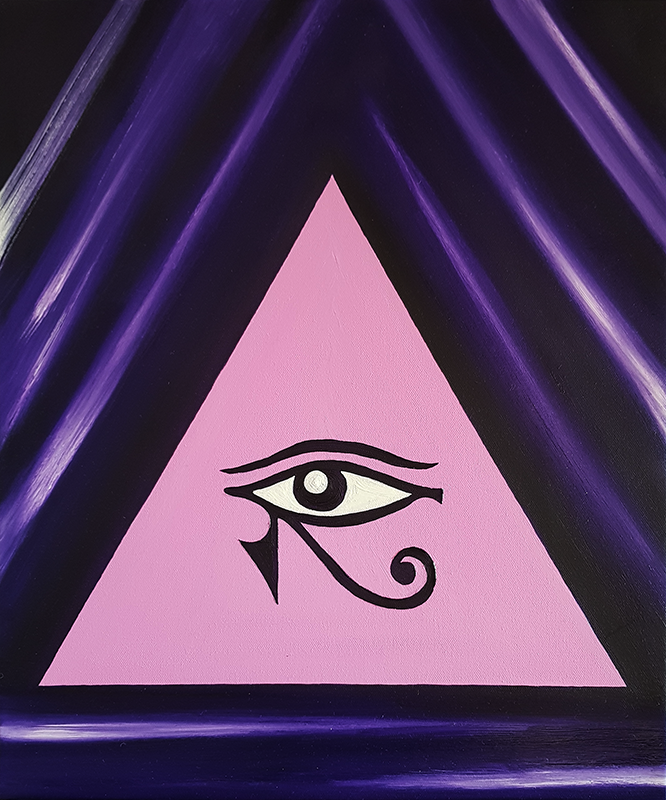 Abstract oil painting titled ‘UV’ by Jens Strandell, featuring a pink triangle with the Eye of Horus symbol at its center, surrounded by bold ultraviolet purple rays. 46x55 cm, 2021.