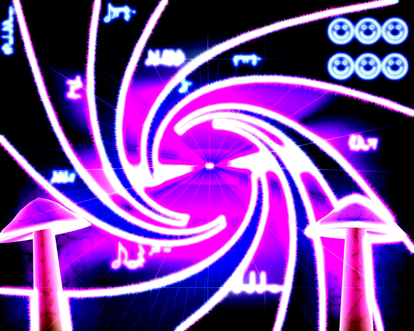 A neon-colored digital artwork titled "Ventz" (2003), featuring vibrant pink and purple swirling light trails surrounded by glowing musical symbols and smiling faces, with two surreal, luminescent mushrooms framing the composition.