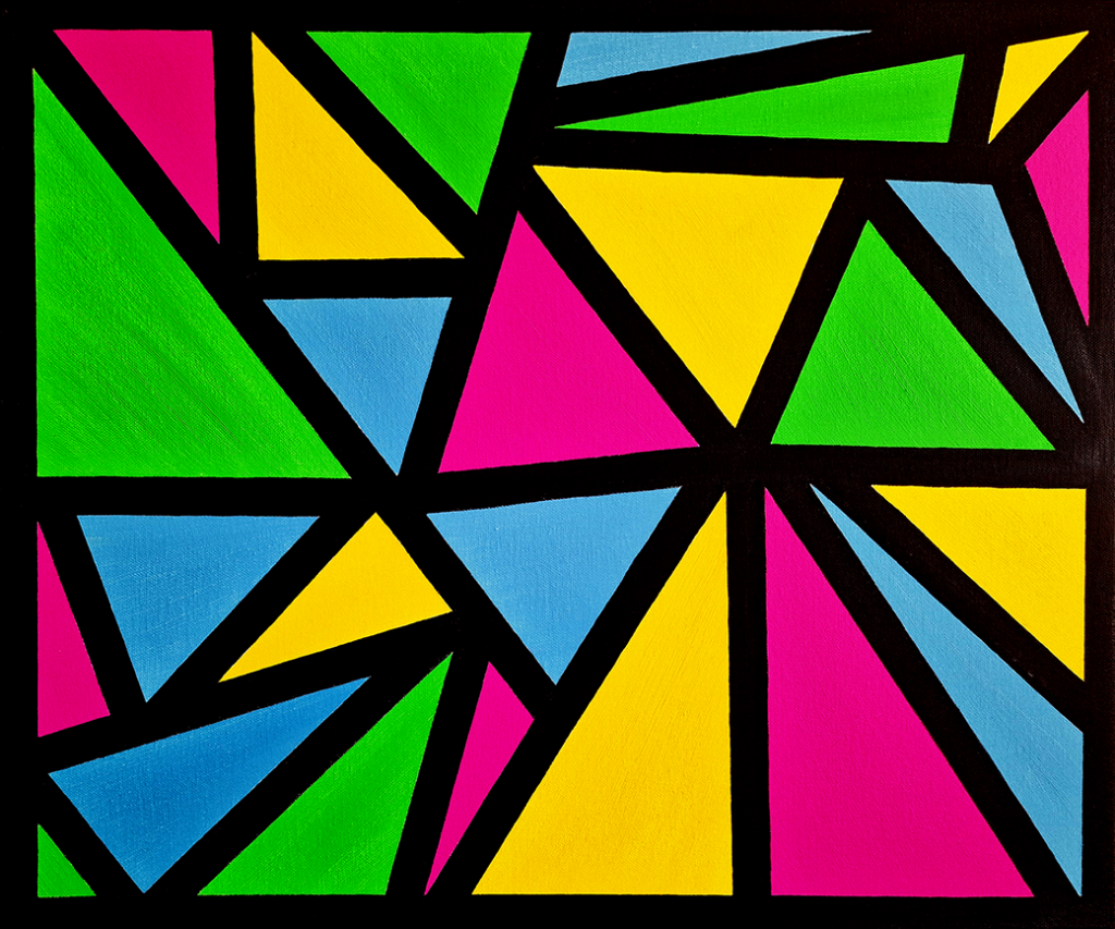 Abstract oil painting titled ‘Vitree’ by Jens Strandell, featuring geometric triangles in vibrant shades of pink, green, yellow, and blue separated by bold black lines. 55x46 cm, 2021.