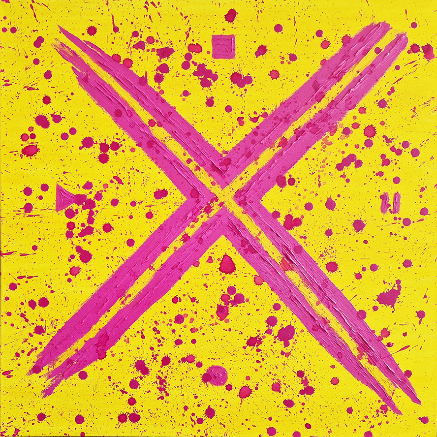 Abstract oil painting titled ‘X’ by Jens Strandell, featuring a large textured pink X shape over a vibrant yellow background with splattered pink dots and geometric elements. 60x60 cm, 2020.