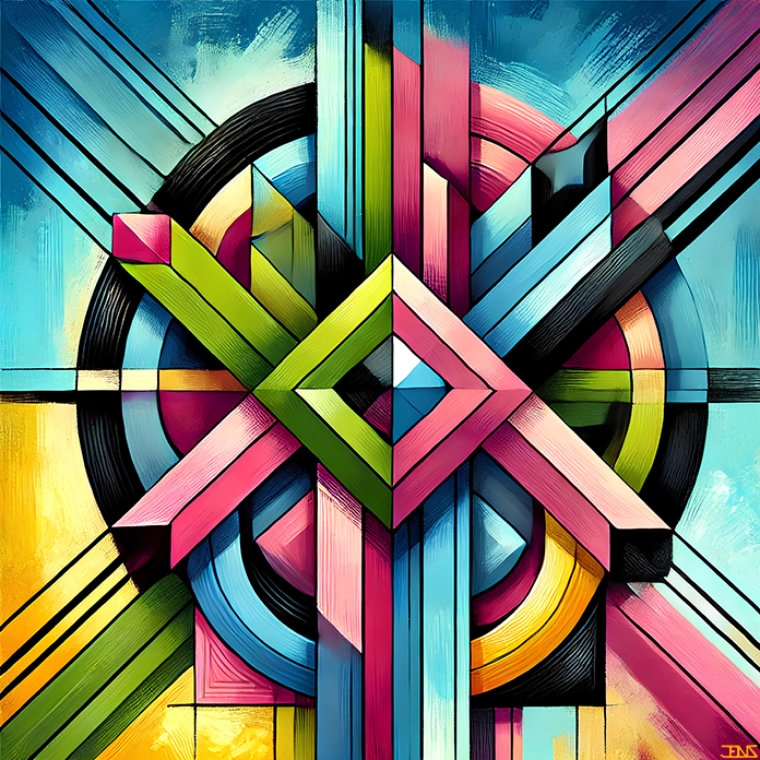 Pair reimagines the bold intersections of the original oil painting Juxtapose, transforming its geometric balance into a vibrant, playful digital composition that celebrates connection and harmony.

Building on the original painting, Pair infuses the dynamic interplay of form and color from Juxtapose with a lighthearted palette of pastel pinks, greens, yellows, and blues. Intersecting lines weave together in an intricate dance, creating a visual rhythm that evokes themes of pairing and interconnectedness. Circular and angular shapes overlap, while soft gradients and layered textures bring movement and depth. The composition’s lively structure balances precision with a sense of playfulness, drawing viewers into its intricate, connected forms.

Pair is available as a 1/1 physical canvas print, sized 140×140 cm, offering a vibrant and engaging centerpiece that bridges the physical and digital realms.