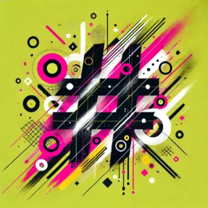 Abstract geometric artwork featuring a bold black hashtag (#) symbol, surrounded by vibrant pink, white, and yellow circular patterns, sharp diagonal streaks, and intricate grid elements on a striking lime green background.