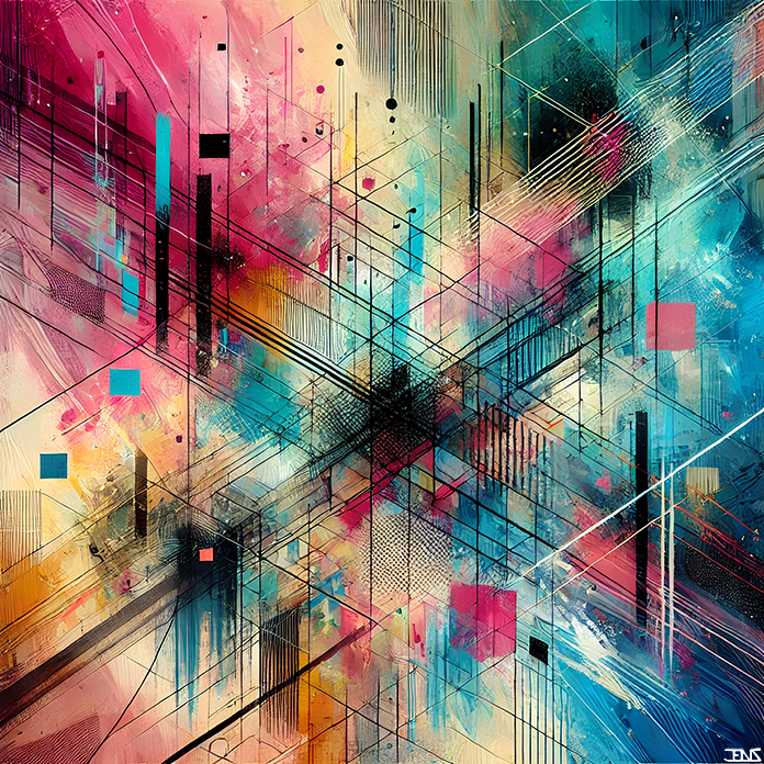 Valentine reimagines the vibrant energy of the original digital painting Love, transforming its expressive composition into a richly textured and multidimensional exploration of connection and emotion.

Building on the layered vibrancy of Love, Valentine amplifies its energetic lines and overlapping forms into a complex network of geometry and color. Delicate pinks, vibrant blues, and soft yellows blend with bold strokes and linear patterns, creating a sense of rhythm and movement. Fine grids and intersecting lines evoke the structure of connection, while playful bursts of color and texture hint at the spontaneity of emotion. The composition captures the essence of love's complexity—structured yet fluid, bold yet delicate.

Valentine is available as a 1/1 physical canvas print, sized 140×140 cm, offering a stunning centerpiece that bridges the digital and physical realms with its celebration of connection and energy.