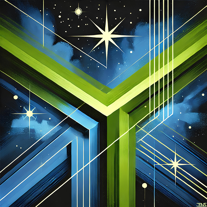 XY reimagines the precise simplicity of the original oil painting Target, transforming its clean geometry into a dynamic, celestial digital composition.

Building on the original painting, XY expands the linear symmetry of Target into an interstellar vision. Bold green beams intersect against a deep cosmic blue backdrop, surrounded by radiant stars and soft clouds of light. The sharp angles of the composition create a sense of direction and motion, as though tracing paths through the galaxy. Subtle gradients and glowing highlights bring depth to the design, blending the precision of geometry with the wonder of celestial exploration.

XY is available as a 1/1 physical canvas print, sized 140×140 cm, offering a stunning statement piece that bridges the physical and digital worlds with cosmic elegance.